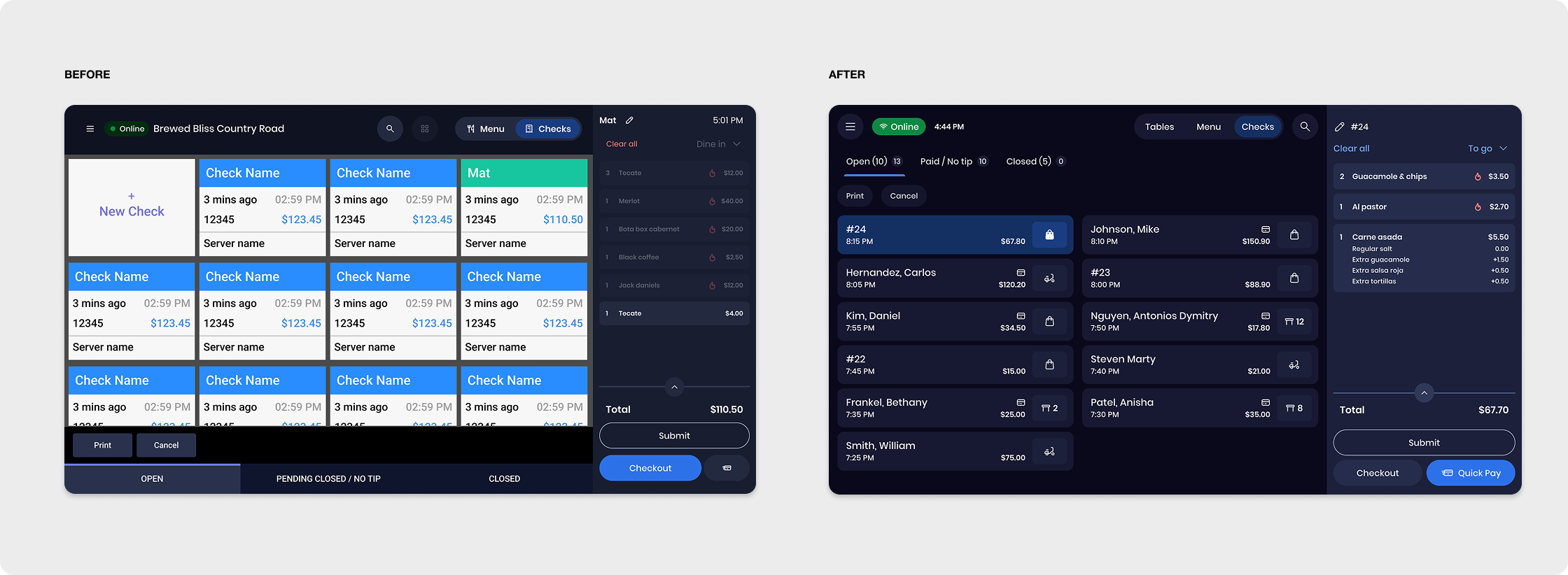 Checks redesign — before and after comparison on terminal and handheld