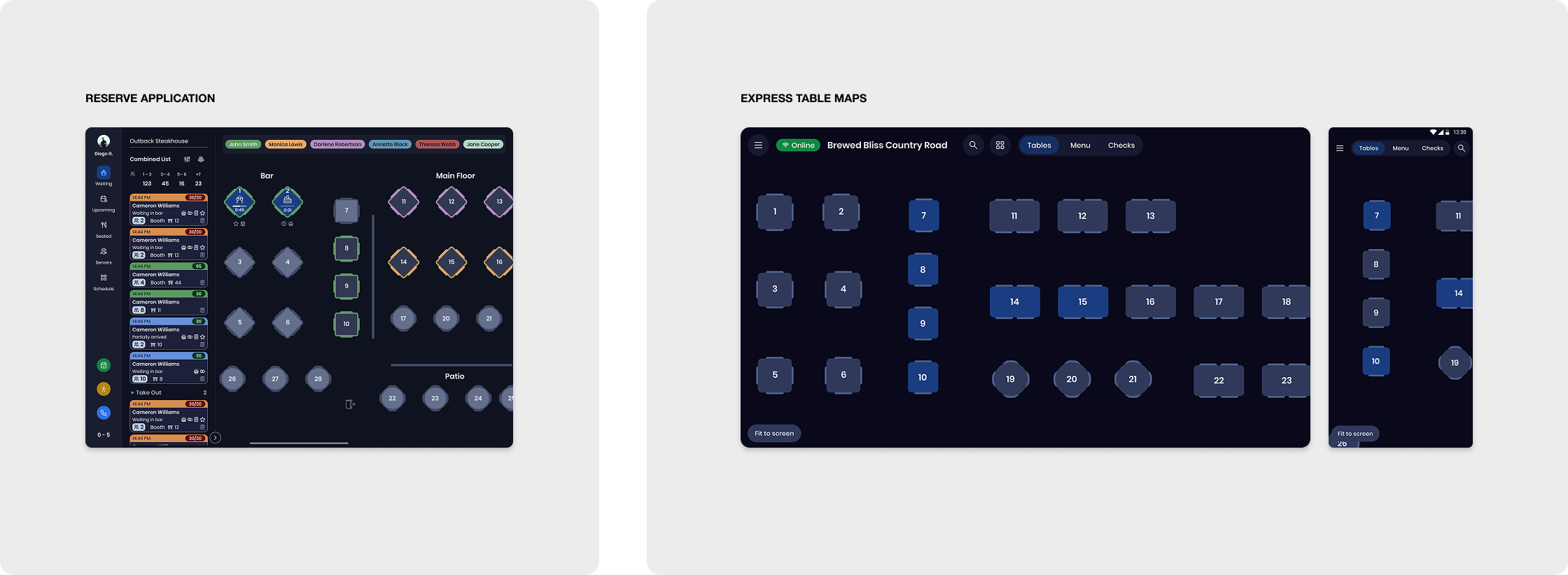 Reserve Application table map editor vs SpotOn Express table maps on terminal and handheld